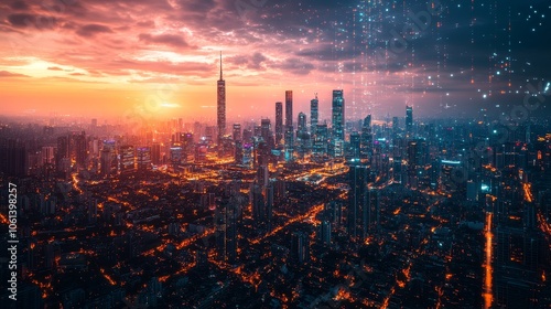 Wallpaper Mural Stunning city skyline at sunset with futuristic digital effects Torontodigital.ca