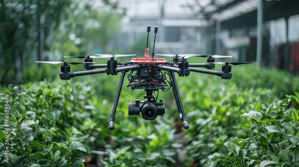 Drone flying over lush green plants in a greenhouse setting
