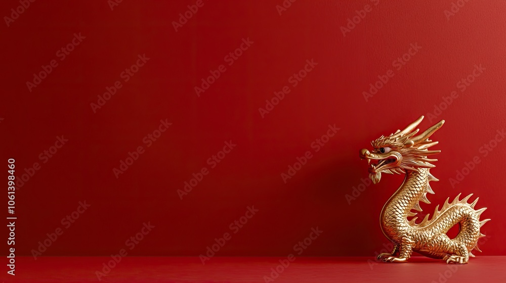 Obraz premium Golden Dragon on Red Background with Space for Text
