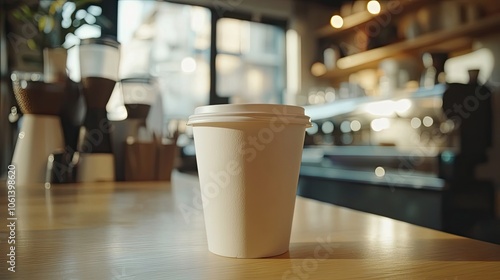 White Disposable Coffee Cup on Wooden Countertop in a Cafe