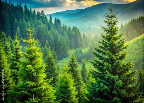 Lush Pine Trees in Carpathian Mountains - Majestic Green Forest Nature Scene Featuring Christmas Spruce Tops for Stunning Winter Landscapes and Holiday Decor photo