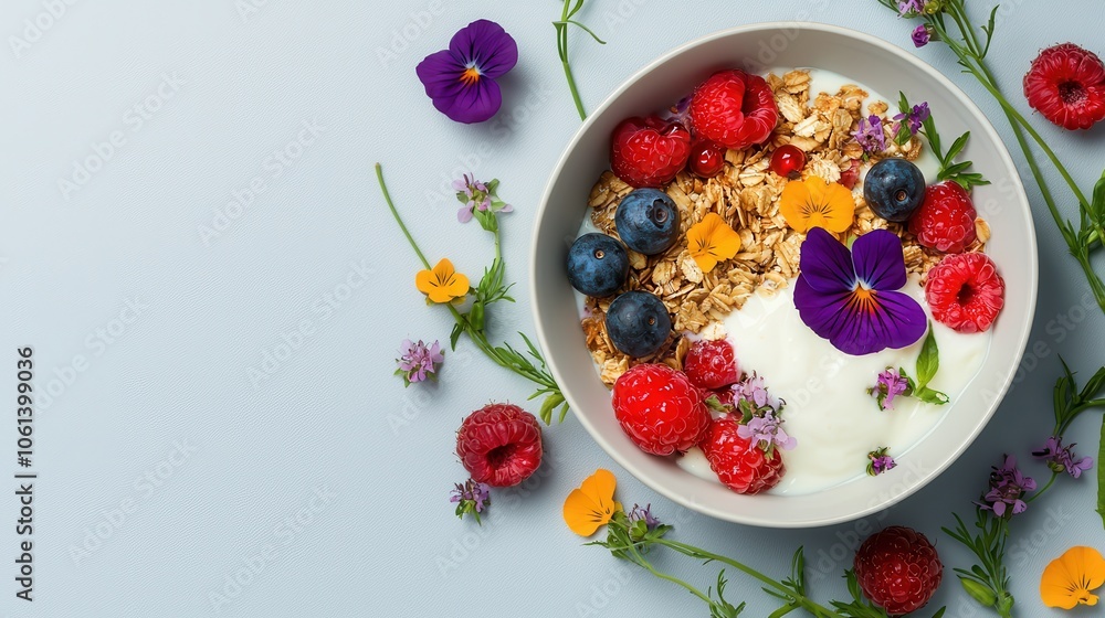 Organic breakfast bowl with fresh berries, granola, and plant-based yogurt, garnished with edible flowers and herbs, showcasing wholesome, sustainable choices