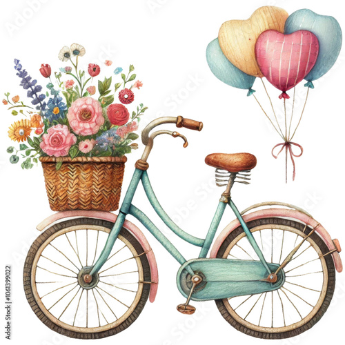 Vintage bicycle with heart shaped balloons and a basket of flowers, isolated on transparent background.