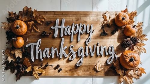 Happy Thanksgiving Greeting with White Lettering, Orange Pumpkins, and Autumn Leaves on a Wooden Background. Festive Seasonal Decor and Gratitude Expression.