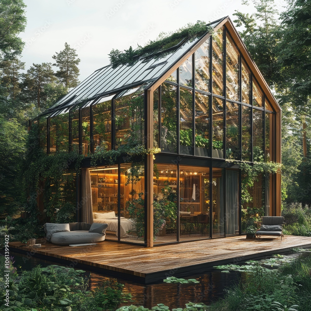 Modern Glass House with Wooden Deck and Pond in Forest Modern Glass House with Wooden Deck and Pond in Forest