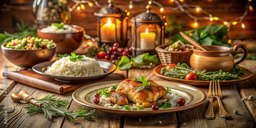 European Homemade Dinner Featuring Delicious Chicken with Rice and Fresh Salad - Authentic Culinary Experience Captured in Tilt-Shift Style Photography European Homemade Dinner Featuring Delicious Chicken with Rice and Fresh Salad - Authentic Culinary Experience Captured in Tilt-Shift Style Photography