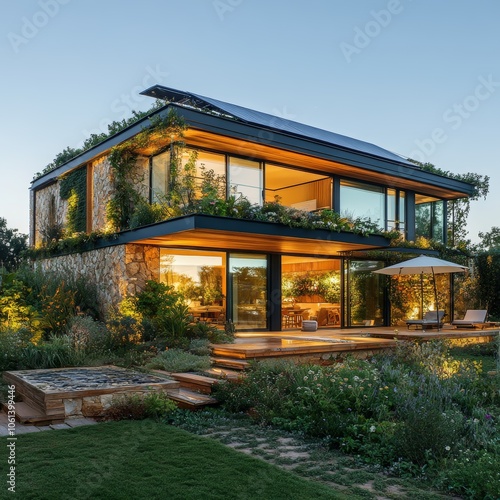 Modern Luxury Home with Stone Facade Green Roof and Outdoor Living Space