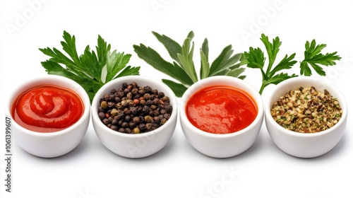 Red Sauce Peppercorns Herb Seasoning Parsley Sage Condiments Food White Background