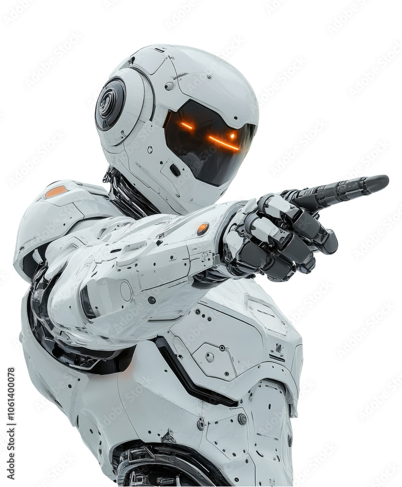 futuristic robot with sleek design and glowing orange eyes points forward, showcasing advanced technology and modern aesthetic. This striking figure embodies innovation and precision futuristic robot with sleek design and glowing orange eyes points forward, showcasing advanced technology and modern aesthetic. This striking figure embodies innovation and precision