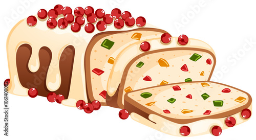 Christmas Fruit Cake Loaf Bread Decorated with Cranberries and Cream - Sliced Tutti Frutti Festive Cake Isolated photo