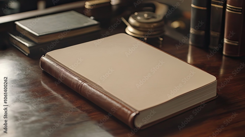 A Leather-Bound Book with Blank Pages Lies on a Wooden Desk A Leather-Bound Book with Blank Pages Lies on a Wooden Desk