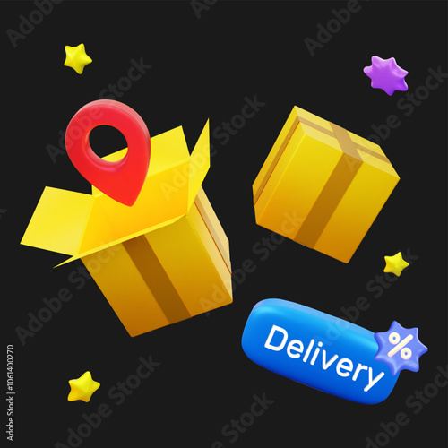 Two vibrant yellow delivery boxes are shown, one open, next to a location pin, highlighting the convenience of online shopping and delivery,3d vector illustration.