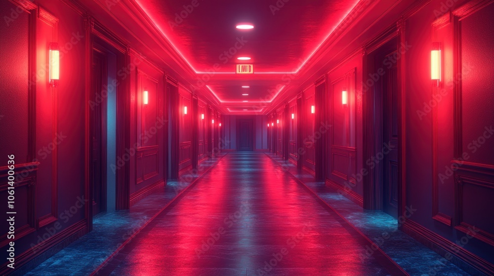 A long, narrow corridor illuminated by red neon lights. The floor is polished concrete and the walls are lined with closed doors. A long, narrow corridor illuminated by red neon lights. The floor is polished concrete and the walls are lined with closed doors.