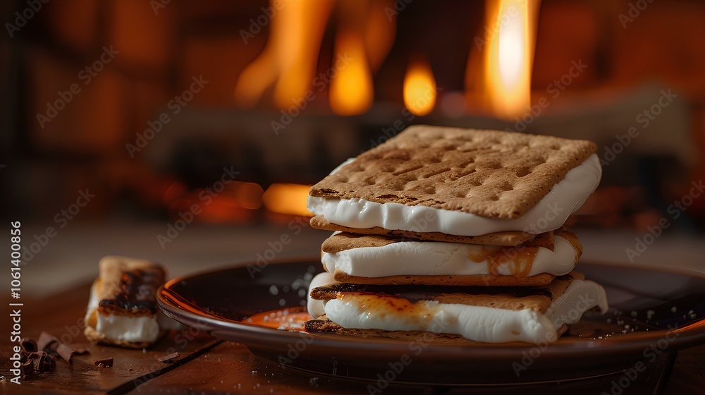 A warm, inviting plate of s'mores stacked high, featuring toasted marshmallows, chocolate, and graham crackers, set against a cozy fireplace backdrop. A warm, inviting plate of s'mores stacked high, featuring toasted marshmallows, chocolate, and graham crackers, set against a cozy fireplace backdrop.