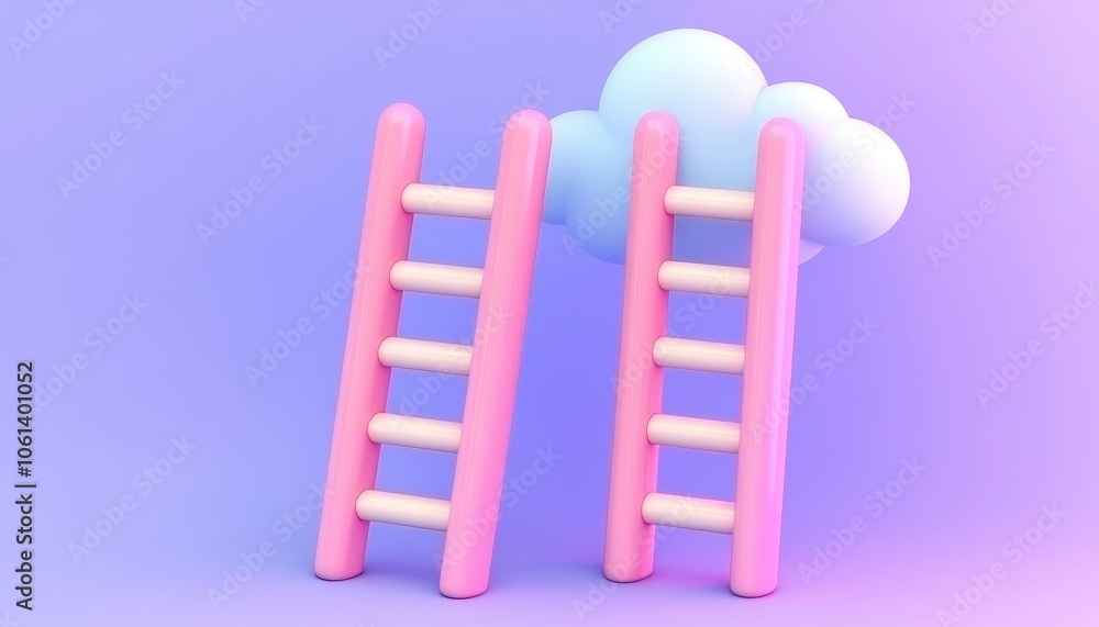 Two pink ladders in a purple background with a fluffy white cloud, perfect for showcasing growth and achievement. Two pink ladders in a purple background with a fluffy white cloud, perfect for showcasing growth and achievement.