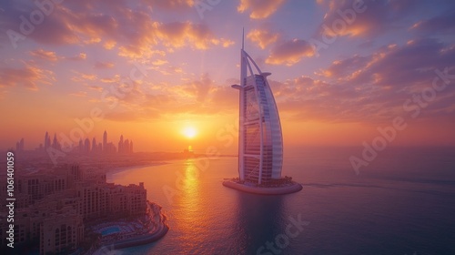 Stunning Aerial View of Burj Al Arab at Sunset: Experience the Iconic Hotel Against a Vivid Sky, with Rich Hues of Orange and Pink Reflected on the Serene Waters of Dubai's Coastline