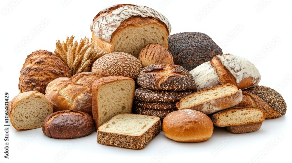 Assortment of Freshly Baked Breads and Loaves Isolated on White Background Assortment of Freshly Baked Breads and Loaves Isolated on White Background