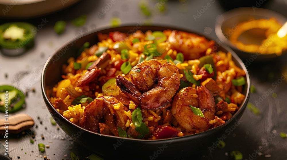A vibrant bowl of shrimp and rice, garnished with herbs and spices, showcasing a colorful and flavorful dish ready to be enjoyed. A vibrant bowl of shrimp and rice, garnished with herbs and spices, showcasing a colorful and flavorful dish ready to be enjoyed.