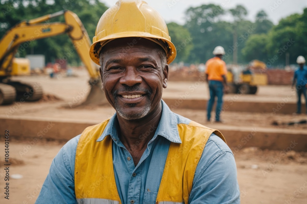 Close portrait of a smiling senior Gabonese man construction worker looking at the camera, Gabonese outdoors construction site blurred background Close portrait of a smiling senior Gabonese man construction worker looking at the camera, Gabonese outdoors construction site blurred background