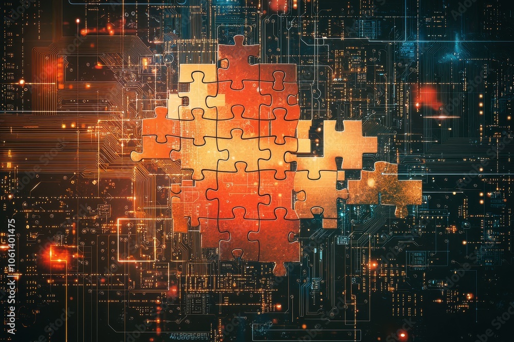 A digital puzzle piece design set against a backdrop of circuitry and glowing elements, symbolizing technology and problem-solving. A digital puzzle piece design set against a backdrop of circuitry and glowing elements, symbolizing technology and problem-solving.