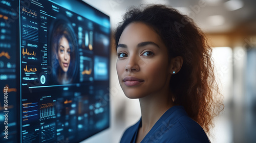 A futuristic digital health service interface, showing a virtual doctor on a large touchscreen, with holographic medical data and charts floating around. 