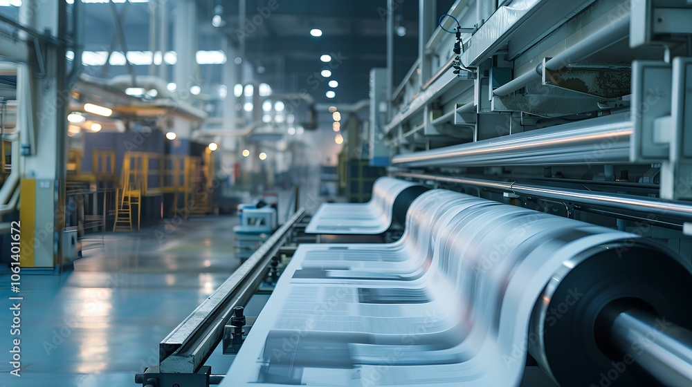A printing press in a large industrial facility, showcasing the printing process with large rolls of paper in motion. A printing press in a large industrial facility, showcasing the printing process with large rolls of paper in motion.