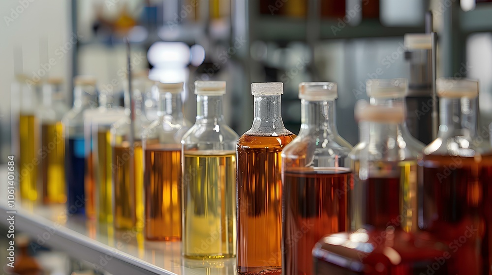 The image features a row of glass bottles filled with colorful liquids, showcasing a variety of hues from yellow to deep orange. The image features a row of glass bottles filled with colorful liquids, showcasing a variety of hues from yellow to deep orange.