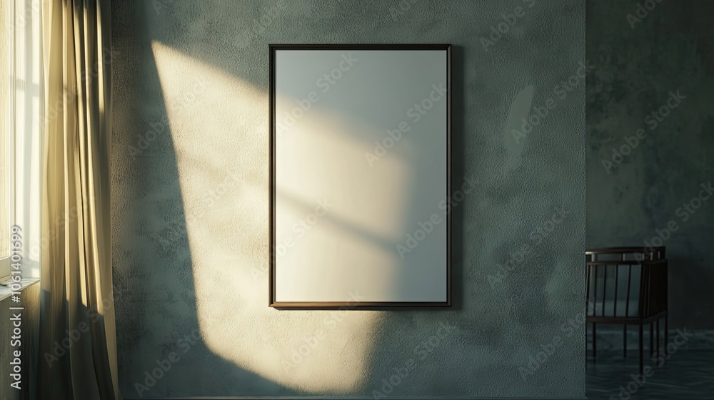 A Blank Canvas Hanging on a Textured Wall in a Room with Sunlight Streaming Through a Window A Blank Canvas Hanging on a Textured Wall in a Room with Sunlight Streaming Through a Window