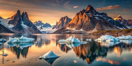 Majestic Long Exposure View of Mountains and Icebergs from Uunartoq Island, South Greenland - Breathtaking Natural Landscape Photography photo