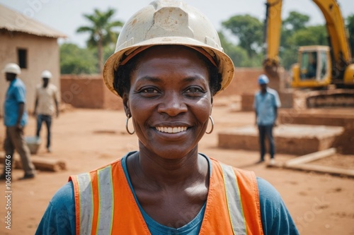 Close portrait of a smiling senior Gambian woman construction worker looking at the camera, Gambian outdoors construction site blurred background