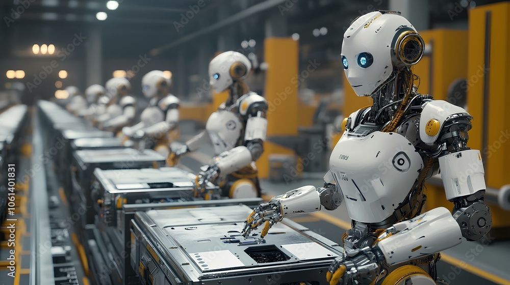 Robots are assembling items in a modern factory setting, showcasing advanced technology and automation in industrial processes. Robots are assembling items in a modern factory setting, showcasing advanced technology and automation in industrial processes.