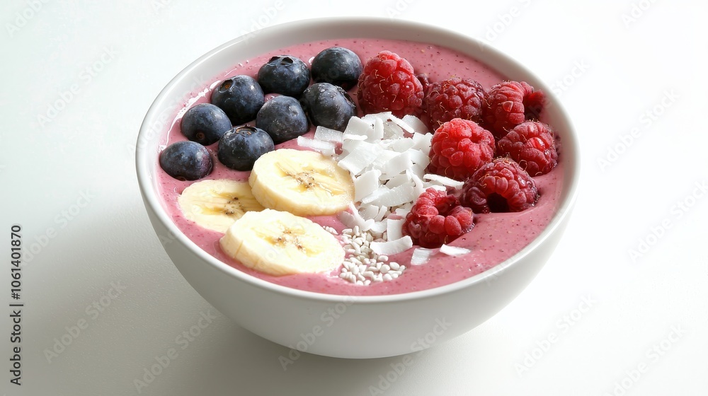 Vibrant smoothie bowl topped with berries, bananas, and coconut flakes, arranged to show a nutritious plant-based breakfast in natural light. Vibrant smoothie bowl topped with berries, bananas, and coconut flakes, arranged to show a nutritious plant-based breakfast in natural light.