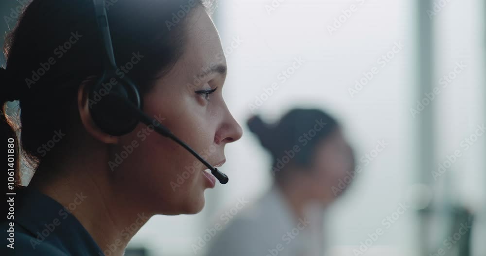 Close up of Caucasian female hotline operator in headset having conversation on call with customer, providing online assistance for client. Technical support specialist working in call center office.