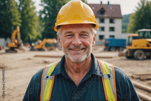 Close portrait of a smiling senior German man construction worker looking at the camera, German outdoors construction site blurred background