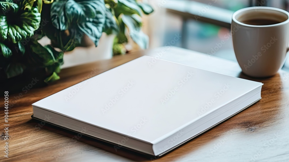 Blank White Book Lying Open on Wooden Table with Coffee Mug Out of Focus in Background Blank White Book Lying Open on Wooden Table with Coffee Mug Out of Focus in Background