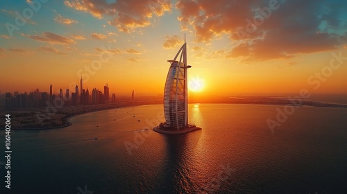 Aerial View of Burj Al Arab at Dusk: Discover the Iconic Luxury Hotel Set Against a Stunning Sunset Sky, with Beautiful Reflections on Water, Showcasing Dubai's Architectural Marvel
