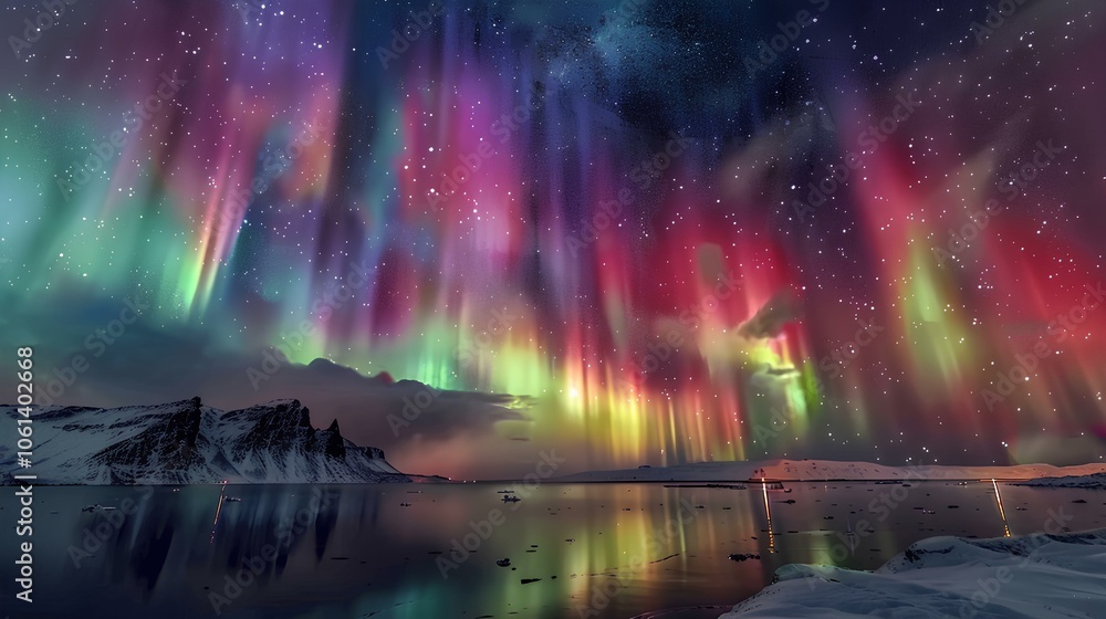 A breathtaking display of the aurora borealis illuminates a starry night sky, reflecting vibrant colors on a serene icy landscape. A breathtaking display of the aurora borealis illuminates a starry night sky, reflecting vibrant colors on a serene icy landscape.