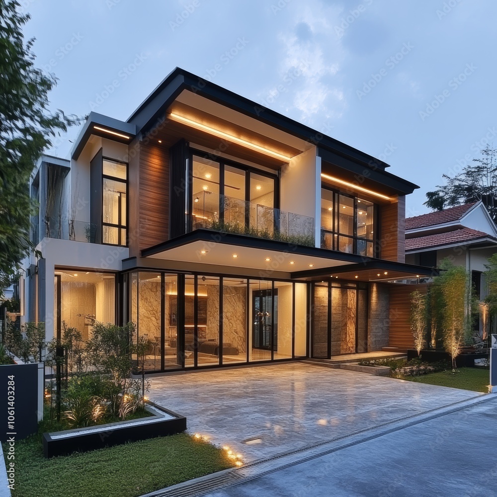Modern Luxury Home Exterior Design with Stone and Wood Facade Modern Luxury Home Exterior Design with Stone and Wood Facade