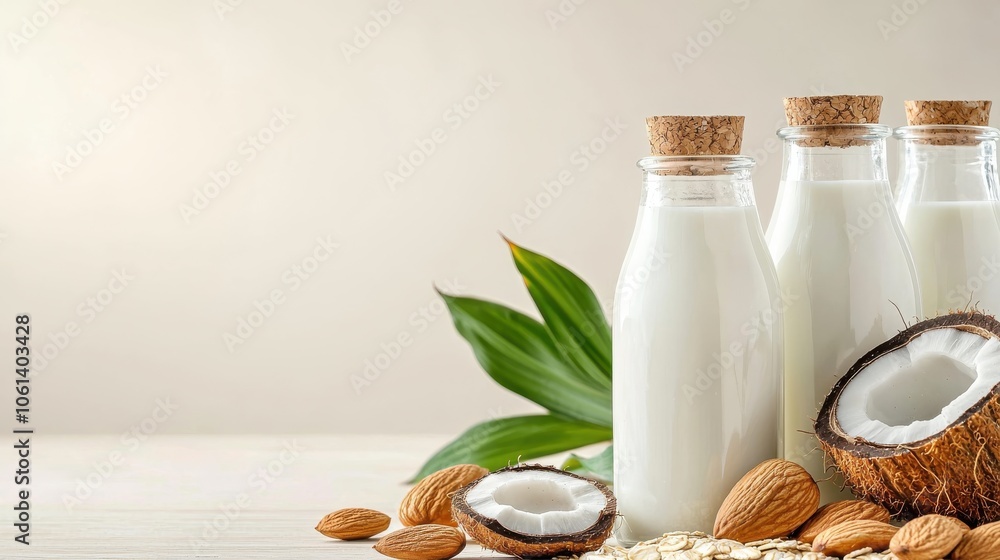 Plant-based milk alternatives in glass bottles, surrounded by almonds, oats, and coconut, displayed on a light wood surface to emphasize dairy-free options Plant-based milk alternatives in glass bottles, surrounded by almonds, oats, and coconut, displayed on a light wood surface to emphasize dairy-free options