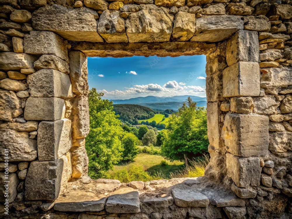 Fototapeta premium Minimalist View Through a Castle Wall - Architectural Beauty, Stone Texture, Historical Landmark, Nature Framing, Serene Landscape, Light and Shadow Play, Timeless Heritage, Simple Elegance