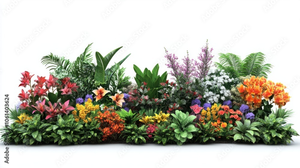 Blooming garden with colorful flowers and lush foliage isolated on white Blooming garden with colorful flowers and lush foliage isolated on white