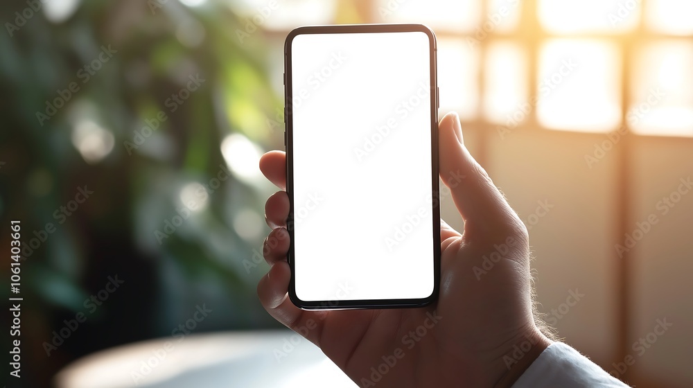 Hand holding a smartphone with blank screen, soft sunlight in background. Hand holding a smartphone with blank screen, soft sunlight in background.