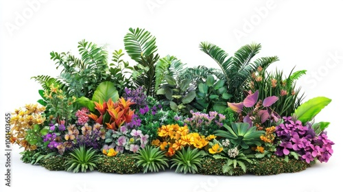 Blooming garden with colorful flowers and lush foliage isolated on white