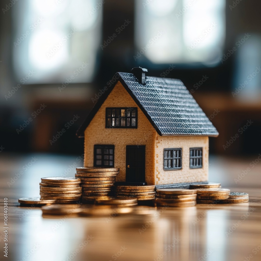 Miniature House Model on Stacks of Coins Real Estate Homeownership Financial Savings Miniature House Model on Stacks of Coins Real Estate Homeownership Financial Savings