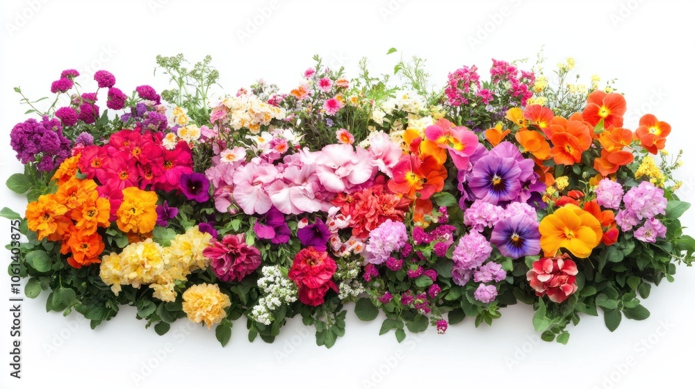 Bright flower garden with a variety of blooms isolated on white background, lush and colorful