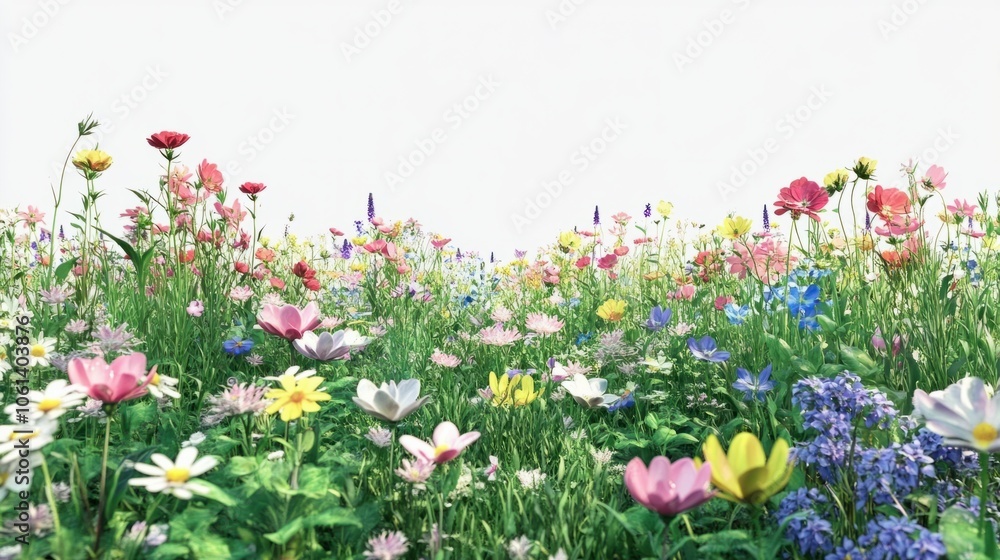 Obraz premium Bright flower garden with assorted wildflowers on white background, lush and full