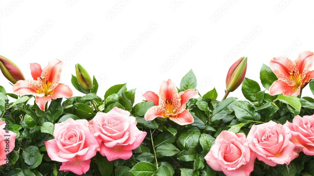 Bright, lush garden of roses and lilies with green leaves isolated on white Bright, lush garden of roses and lilies with green leaves isolated on white