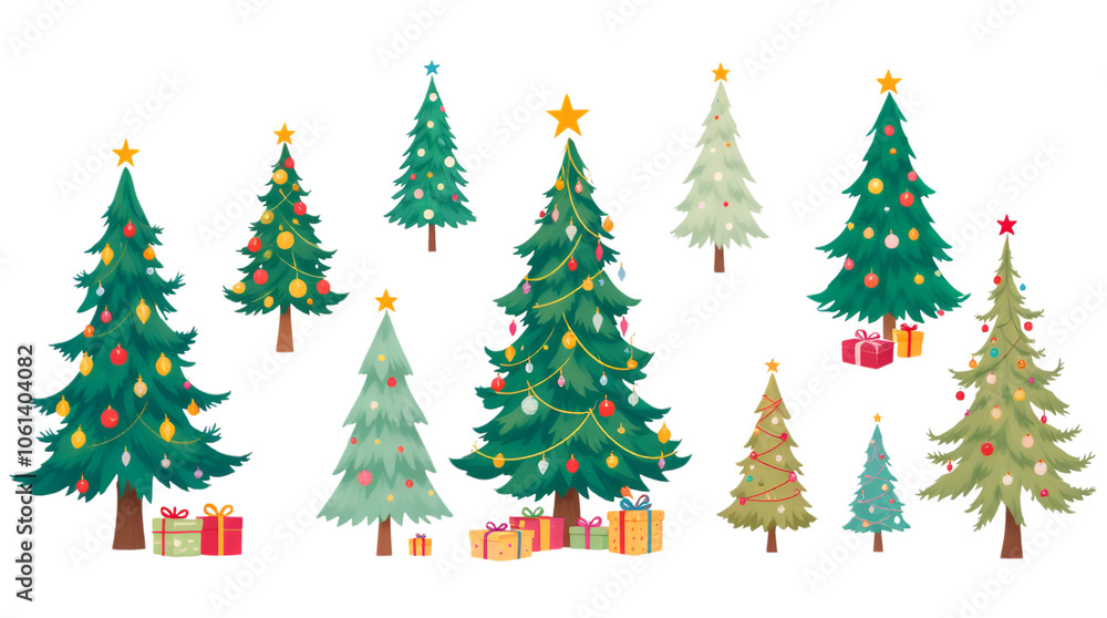 Festive Collection of Decorated Christmas Trees with Gifts isolated on transparent white background, png Festive Collection of Decorated Christmas Trees with Gifts isolated on transparent white background, png