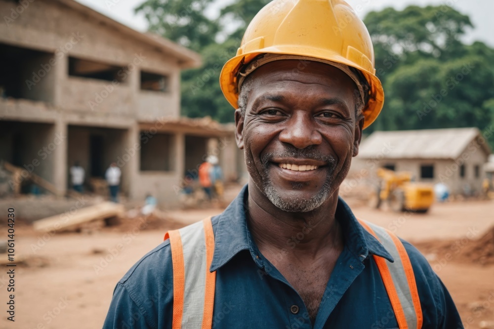Fototapeta premium Close portrait of a smiling senior Ivorian man construction worker looking at the camera, Ivorian outdoors construction site blurred background
