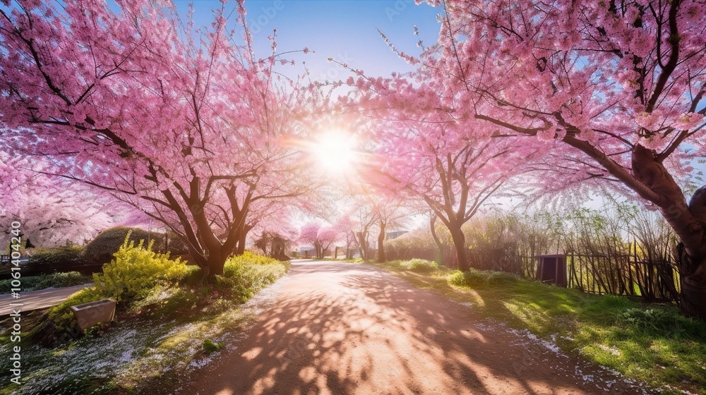 Serene Cherry Blossom Pathway in Blooming Garden Serene Cherry Blossom Pathway in Blooming Garden